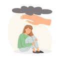 Human Hand Help to Young Girl in Depression Sitting with Bended Knees Feeling Sad Suffering from Mental Disorder Vector Royalty Free Stock Photo