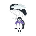 Human Hand Help to Young Girl in Depression Sitting Under Umbrella and Rainy Cloud Feeling Sad Suffering from Mental