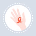 Human hand hold awareness red ribbon sign medical prevention breast cancer solidarity concept flat Royalty Free Stock Photo