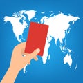 Human hand hold a red card on world map background. Vector illus