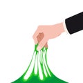 Human hand hold slime stretched. Mucus kids toy, sticky slimy colorful green funny squesse, jelly glue liquid substance