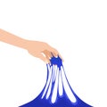 Human hand hold slime stretched. Mucus kids toy, sticky slimy colorful green funny squesse, jelly glue liquid substance
