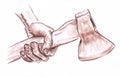 Human hand holding an axe closeup - drawn pastel pencil graphic artistic illustration on paper