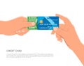 Human hand holding bank credit card and cash money. Financial business payments concept vector illustration in flat Royalty Free Stock Photo