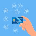 Human hand holding bank credit card. Financial and money payments concept vector illustration in flat style Royalty Free Stock Photo