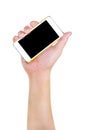 Human hand holding blank mobile smart phone,clipping path Royalty Free Stock Photo