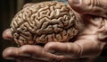 Human hand holding close up of human brain, ideas and wisdom