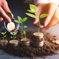 Human hand holding coins and plant growing on pile of coins, business growth and investment concept Royalty Free Stock Photo