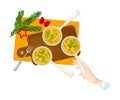Human Hand Holding Cooked Julienne Dish as Traditional Christmas Dinner Above View Vector Illustration