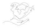 Human hand holding Earth with flying airplane continuous line art drawing Royalty Free Stock Photo