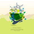 Human hand holding earth with wind turbines. Vector outline illustration of windmill. Royalty Free Stock Photo