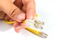 Human hand holding fiber optic patch cord Royalty Free Stock Photo