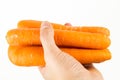 Human hand holding a fresh carrot on white isolated background. Royalty Free Stock Photo
