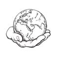 Human hand holding globe. Earth in mans palm. Save planet idea. Travel icon. Power over the world concept