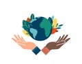 Human hand holding the globe is a symbol of concern for the environment. Vector illustration of Happy Earth Day. April 22nd