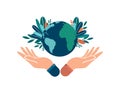 Human hand holding the globe is a symbol of concern for the environment. Vector illustration of Happy Earth Day. April 22nd. Royalty Free Stock Photo