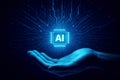 Human hand holding glowing AI chip with digital circuit network background artificial intelligence microchip Royalty Free Stock Photo