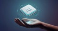 Human hand holding glowing Artificial Intelligence CPU chip for future innovation and advanced digital control. Royalty Free Stock Photo