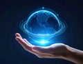 Human hand holding glowing digital Earth globe with network connection lines on a dark background Royalty Free Stock Photo