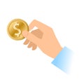 A human hand holding a golden dollar coin. Royalty Free Stock Photo