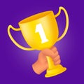 Human hand holding a golden trophy cup. 3D cartoon style vector illustration of the first rank winner award isolated on a violet