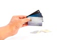 Human hand holding group of bank credit cards. Royalty Free Stock Photo