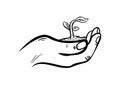 Human hand holding handful of soil with Hand drawn sprout vector icon