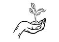 Human hand holding handful of soil with Hand drawn sprout vector icon