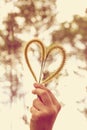 Human hand holding heart-shape grass flower. Love concept. Royalty Free Stock Photo
