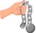 Human hand holding iron chain with ball. Breaking chain protest, rebel flat vector. Freedom concept