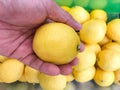 Human hand holding a lemon on blur background. Royalty Free Stock Photo