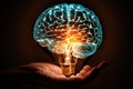 Human hand holding light bulb with glowing virtual brain Royalty Free Stock Photo