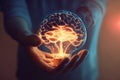 Human hand holding light bulb with glowing virtual brain Royalty Free Stock Photo