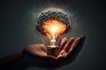 Human hand holding light bulb with glowing virtual brain Royalty Free Stock Photo