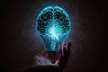 Human hand holding light bulb with glowing virtual brain Royalty Free Stock Photo