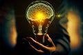 Human hand holding light bulb with glowing virtual brain Royalty Free Stock Photo