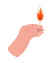 Human hand holding a lighted match. Vector illustration of a woman's hand with a burning match. Royalty Free Stock Photo
