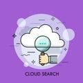 Human hand holding magnifying glass and cloud. Concept of online information search and management, big data storage and Royalty Free Stock Photo