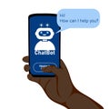Human hand holding mobile phone with Chatbot on screen. Virtual smart assistant bot and customer service support concept