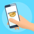 A human hand, mobile phone and gold euro coin. Royalty Free Stock Photo