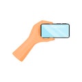 Human hand holding mobile phone horizontally. Smartphone with blue screen. Modern gadget. Flat vector icon