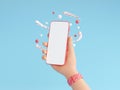 Human hand holding mobile phone with white empty screen 3d render illustration.
