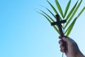 Human hand holding palm leaves with wooden crucifix cross in blue sky. Palm sunday background. Royalty Free Stock Photo