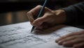 Human hand holding pencil, sketching blueprint on paper for construction industry generated by AI Royalty Free Stock Photo