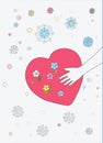 Human hand holding pink heart. Winter background. Snowflakes. Happy Valentines day. Greeting card. Flat design style. Love soul