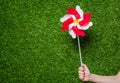 Human hand holding pinwheel over grass Royalty Free Stock Photo