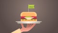 Human hand holding plant based beyond meat hamburger with vegan flag healthy lifestyle vegetarian food concept
