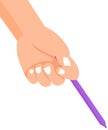 Human hand holding purple pen on white background. Fingers with white nails writes with pencil Royalty Free Stock Photo