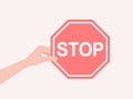 Human hand holding red stop road sign. Vector illustration Royalty Free Stock Photo
