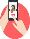 Online dating. Human hand holding smartphone and click on heart Royalty Free Stock Photo